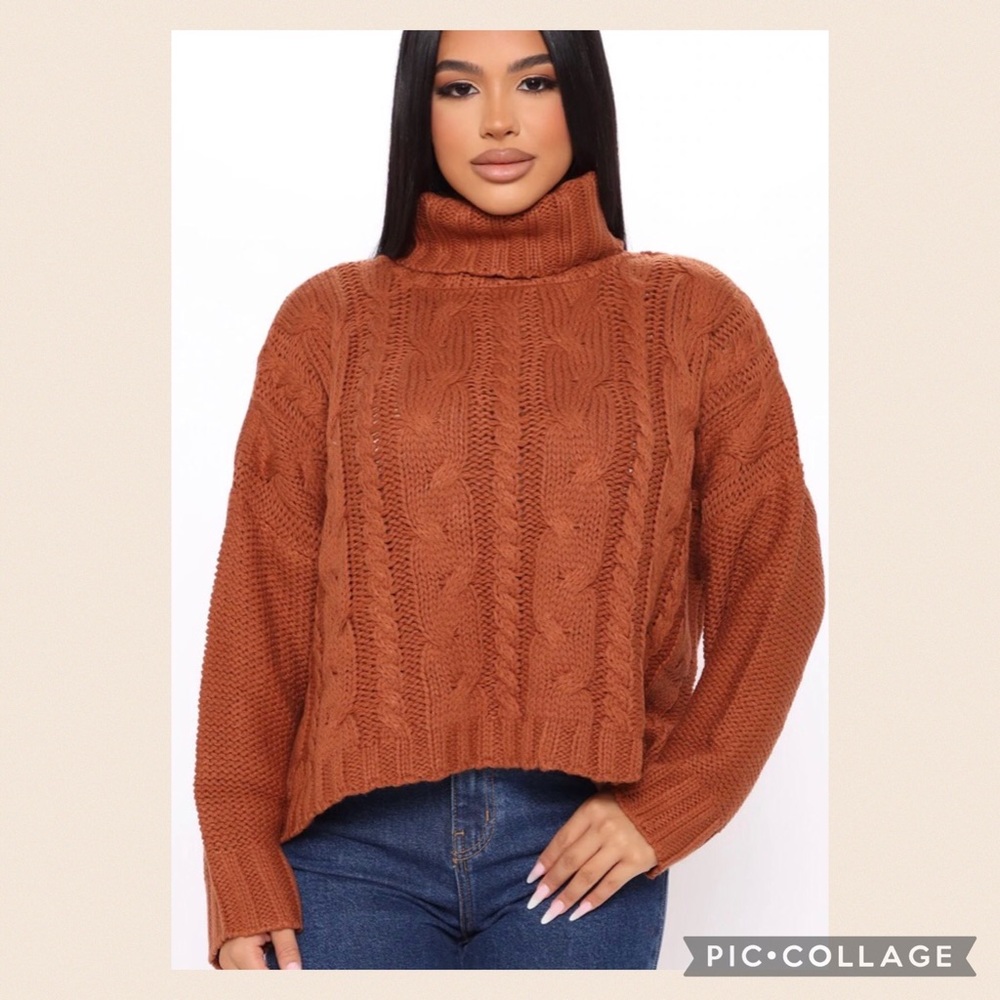 JUST IN! NWT Fashion Nova Rusty Brown Cable Knit Turtleneck Sweater Size…